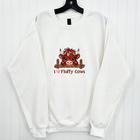 Highland Cow Sweatshirt I Love Fluffy Cows Embroidered Adult Unisex Crewneck - Picture 2 of 16